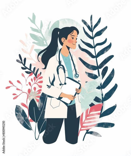 Confident Female Doctor in Nature with Stethoscope Illustration photo