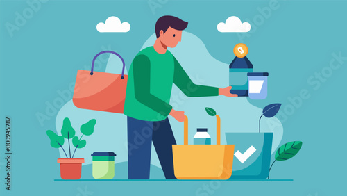 A shopper with a reusable bag in hand carefully selecting only the items they need instead of making impulsive purchases.