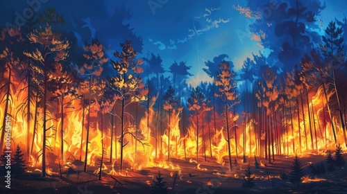 Forest fire  burning trees  forest destruction  silhouette  natural disaster. Nature protection concept.