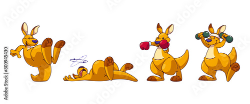 Australia kangaroo character. Jump cute and funny animal vector clipart. Isolated australian mammal laughing, boxing in gloves, exercise with dumbbell design set. Tropical mascot graphic for game
