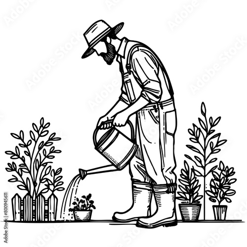 man in hat and overalls is watering plants. The scene is peaceful and serene, with the man tending to the plants in a garden