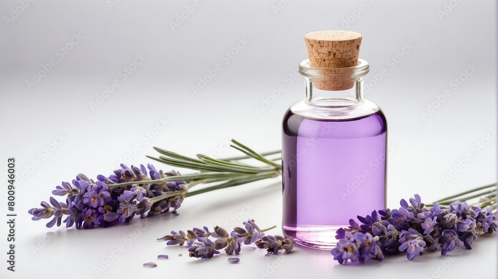 bottle of lavender oil on plain white background from Generative AI bottle of lavender oil on plain white background from Generative AI