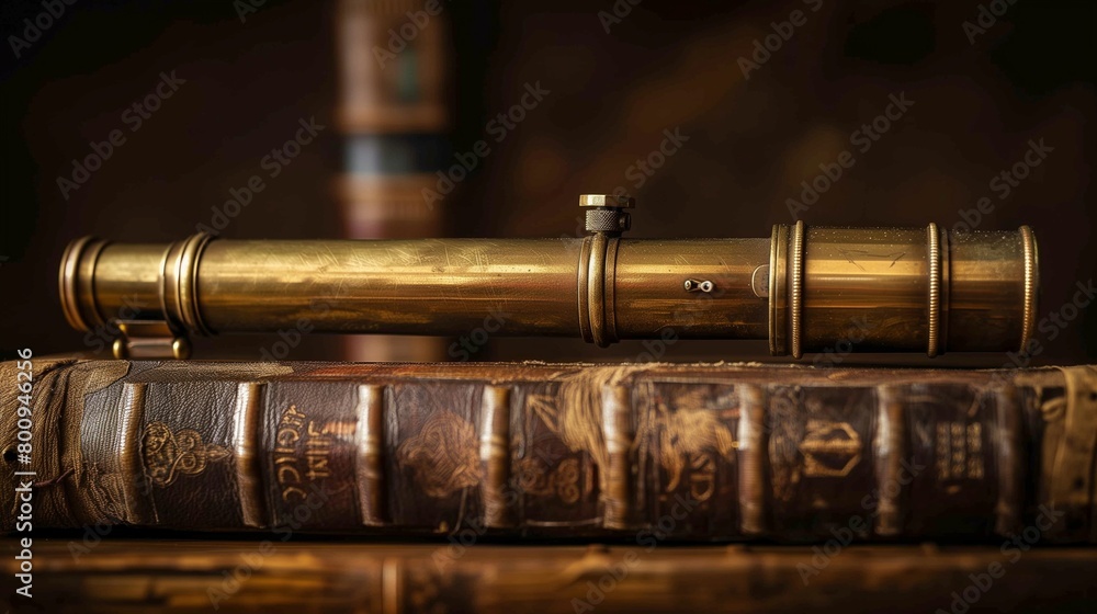 Naklejka premium A classic brass telescope on a vintage old book