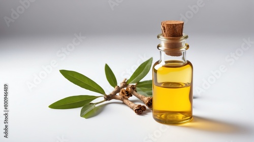 bottle of myrrh oil on plain white background from Generative AI photo