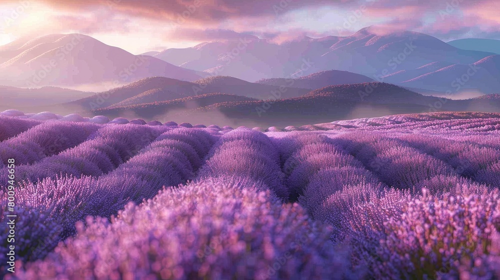 Sunset Over Lavender Fields with Mountain Backdrop Sunset Over Lavender Fields with Mountain Backdrop