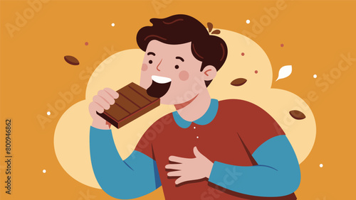 With each bite the mans senses come alive as the indulgent chocolate brings a sense of peace and contentment to his mind..