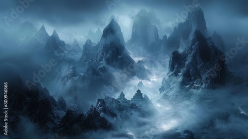 Mystical Mountain Peaks in Moonlit Fog