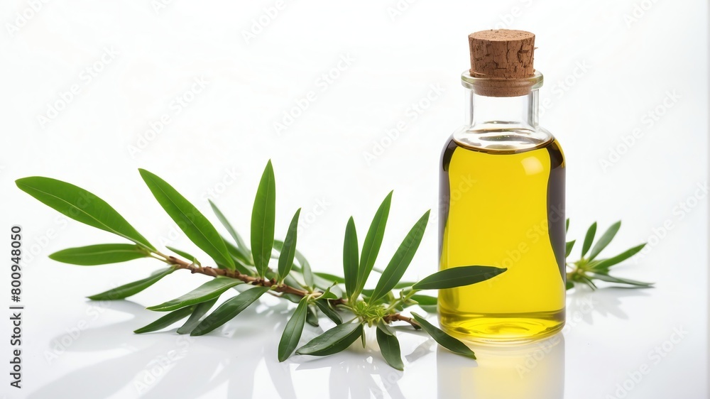 bottle of tea tree oil on plain white background from Generative AI bottle of tea tree oil on plain white background from Generative AI