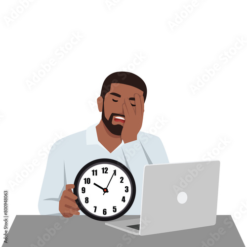 Sleepy worker and tiredness concept. Office worker sitting at laptop. Flat vector illustration isolated on white background