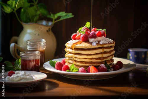 Delicious stack of pancakes with fresh berries and syrup