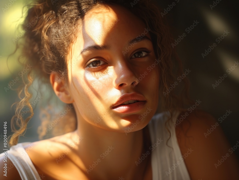 Pensive young woman with curly hair Pensive young woman with curly hair