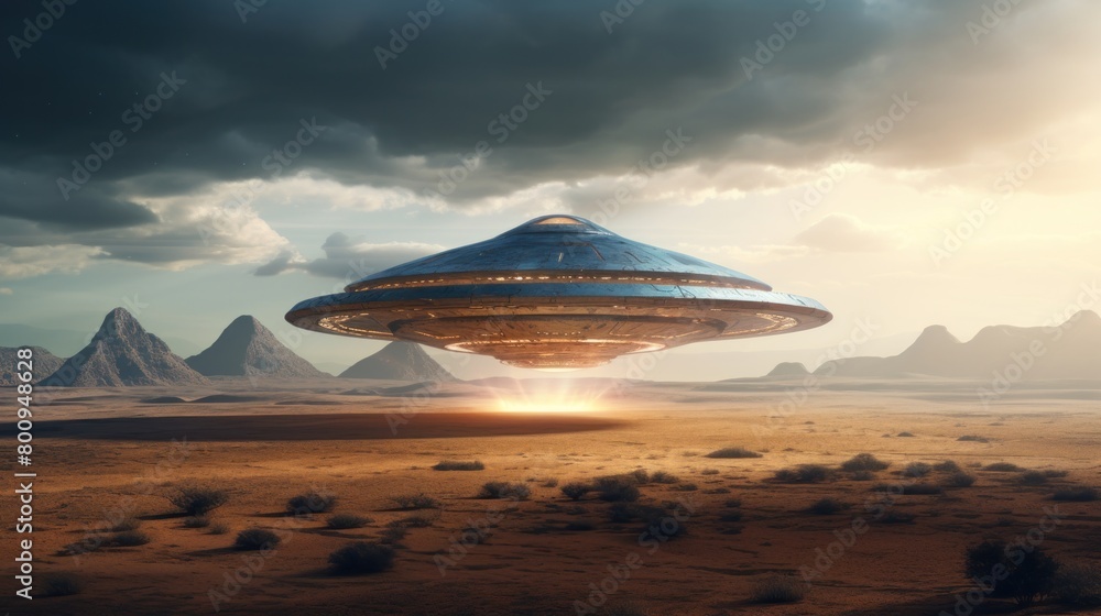 Futuristic UFO Hovering Over Alien Landscape Futuristic UFO Hovering Over Alien Landscape