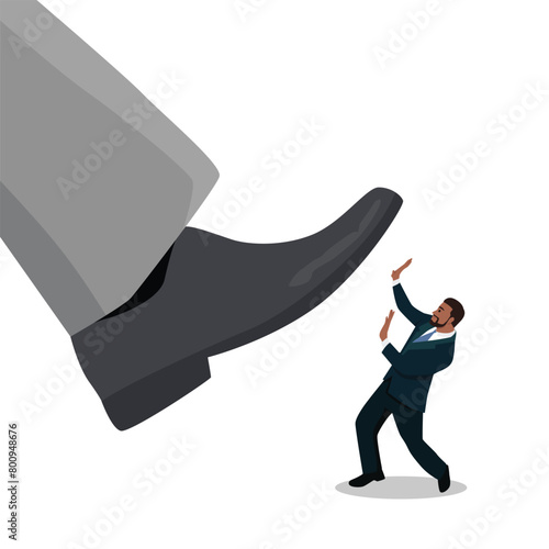 Big shoes stepping on black business man.Concept of power. Flat vector illustration isolated on white background