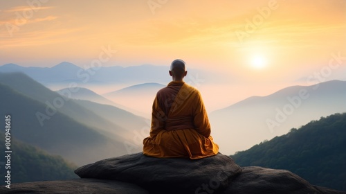 Serene Meditation Overlooking Misty Mountains © Balaraw