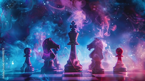 Cosmic Chess Ethereal King Enveloped in Celestial Smoke Surrounded by Glowing Pawns in Interstellar Harmony Generative ai photo