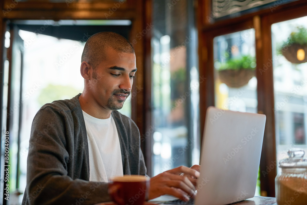 Man, cafe and working with laptop for business, networking and online search for remote work with web designer. Technology, typing and internet blog, relax and social media for break with connection Man, cafe and working with laptop for business, networking and online search for remote work with web designer. Technology, typing and internet blog, relax and social media for break with connection