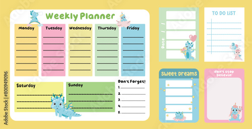 Set of printable weekly planner background for kids. Vector template for agenda, planners, notes, memo, school organizer, timetable, to do list, etc