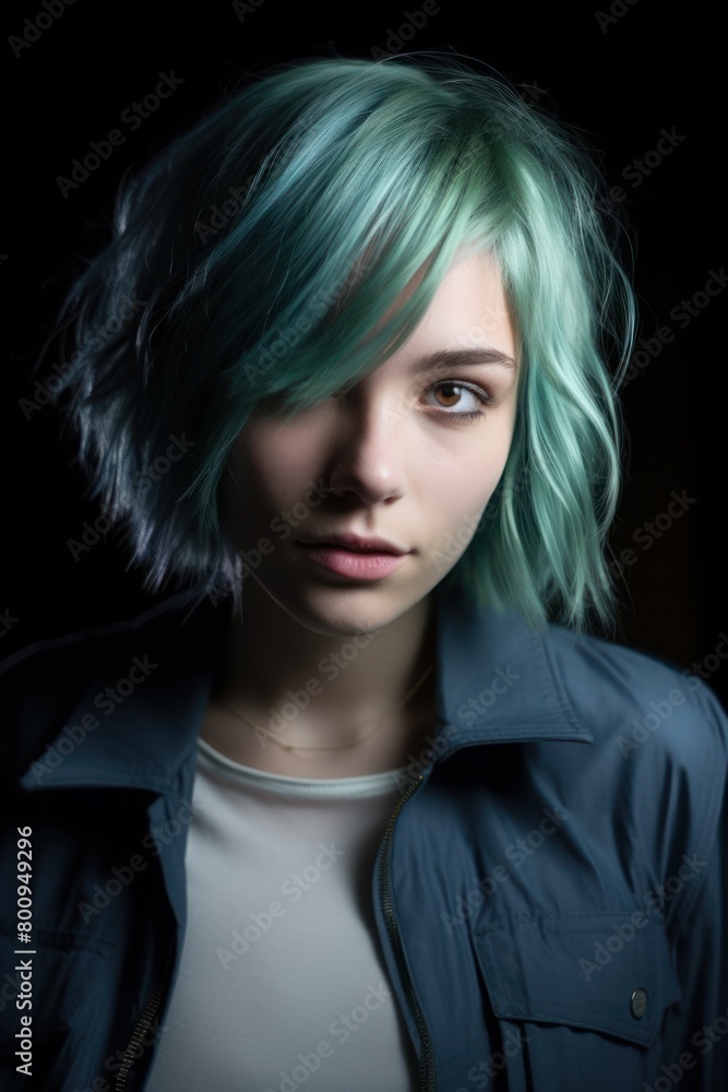 Striking portrait of a young woman with vibrant green hair Striking portrait of a young woman with vibrant green hair