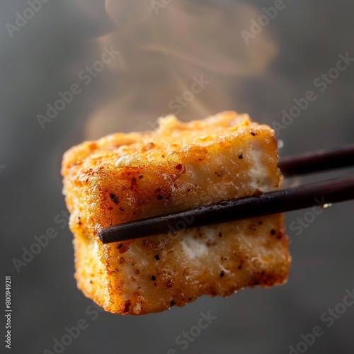 Ein Stück gebratener Tofu zwischen zwei Essstäbchen in Nahaufnahme  photo