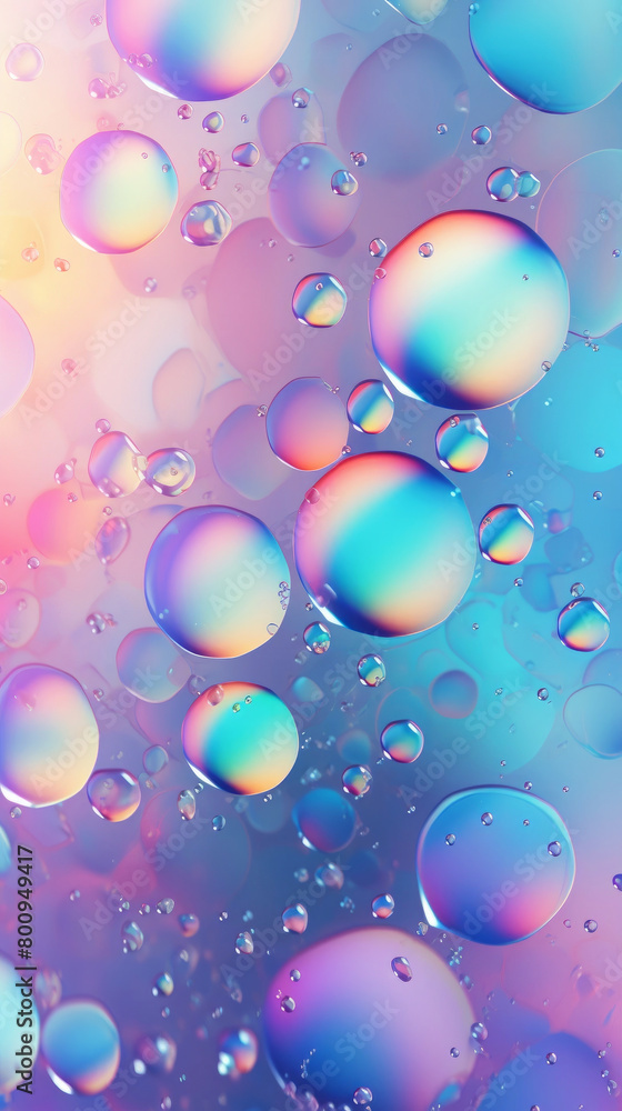 Floating iridescent oil bubbles on water surface with soft pink and blue gradient background Floating iridescent oil bubbles on water surface with soft pink and blue gradient background