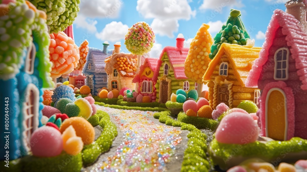 A captivating Easter village, where houses are crafted from sugar cubes and gumdrop trees line the streets in vibrant hues.
