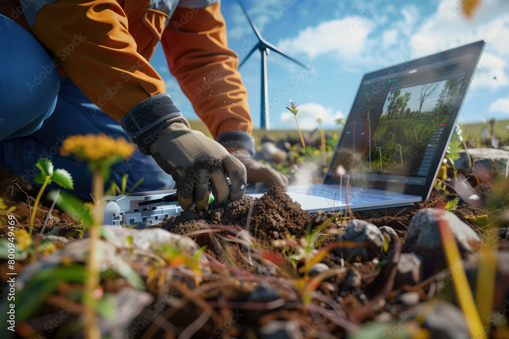 environmental engineer working in the field, their hands immersed in the soil as they test for contamination environmental engineer working in the field, their hands immersed in the soil as they test for contamination