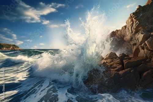 Powerful ocean waves crashing against rocky coastline