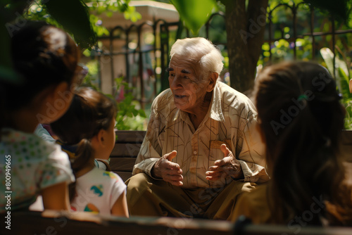 elderly person, their face etched with the wisdom of years, is sharing old tales with an enthralled group of children