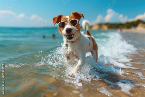 jack russell dog surfing on a wave , on ocean sea on summer vacation holidays, with cool sunglasses and flower chain © Irina Mikhailichenko