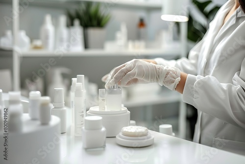 Close-up of female hands with cosmetics and personal care products on the table. Woman wears white laboratory suit