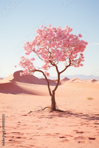 Blooming cherry blossom tree in desert landscape