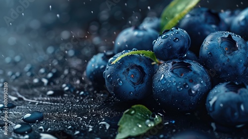 Close-up of fresh blueberries with dew drops on a dark surface.