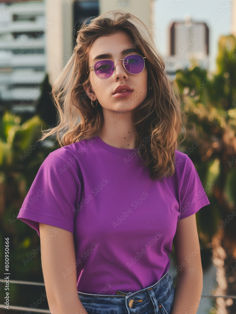 A woman wearing a perple t-shirt mock-up, mock up for t-shirt design A woman wearing a perple t-shirt mock-up, mock up for t-shirt design