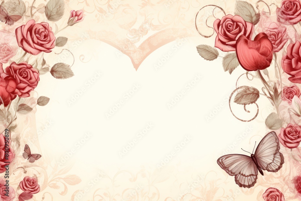 Romantic floral background with roses and butterflies