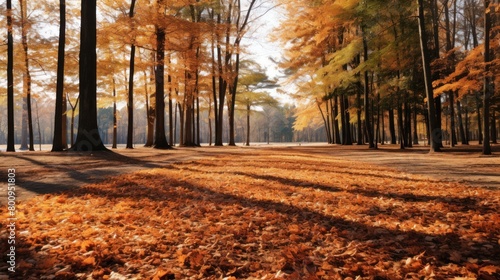 Autumn forest landscape with fallen leaves