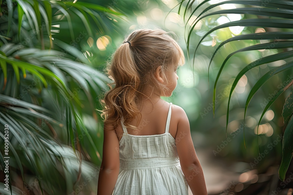 Rear view little blonde curly hair girl in white summer dress walking in summer tropical beach among palm leaves Rear view little blonde curly hair girl in white summer dress walking in summer tropical beach among palm leaves
