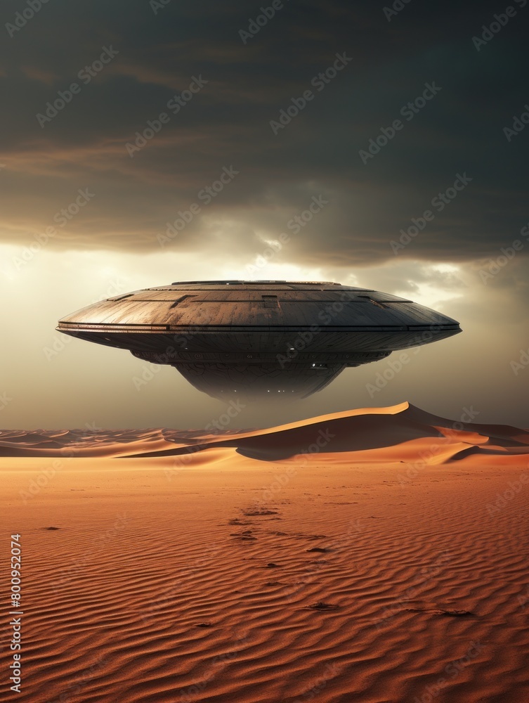Futuristic spacecraft hovering over desert landscape Futuristic spacecraft hovering over desert landscape