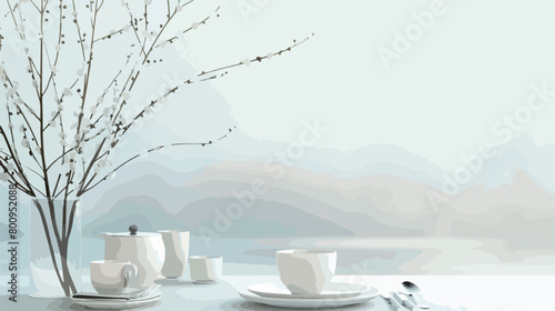 Stylish table setting with pussy willow branches on l photo