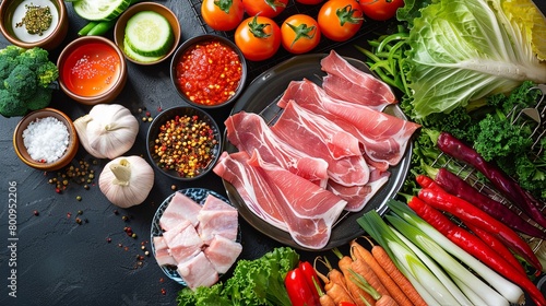 A colorful assortment of raw pork slices, fresh vegetables, and dipping sauces displayed on a table, ready for cooking on a tabletop grill,