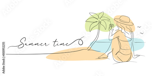 The banner summer time with fashionable girl on the beach and text in line art vector