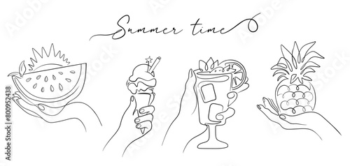 The summer food set in line art vector, hand holding ice cream, cocktail, watermelon, pineapple