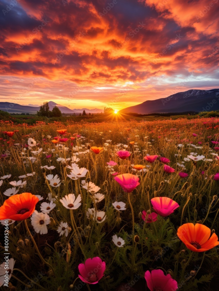 Vibrant Sunset Over Flower-Filled Field