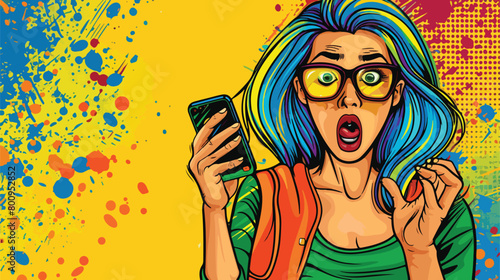 Surprised young woman with mobile phone on color background