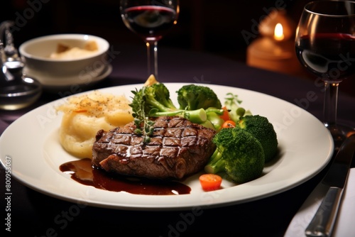 Delicious Steak Dinner with Vegetables and Wine