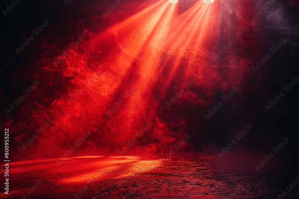 Blackstage Mystery: Red Spotlights Pierce Smoke-Filled Darkness