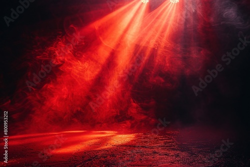 Blackstage Mystery: Red Spotlights Pierce Smoke-Filled Darkness