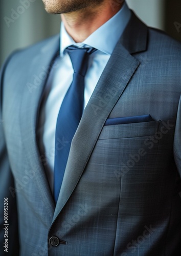 Close-up of Stylish Man in Elegant Blue Suit with Tie and Pocket Square. photo