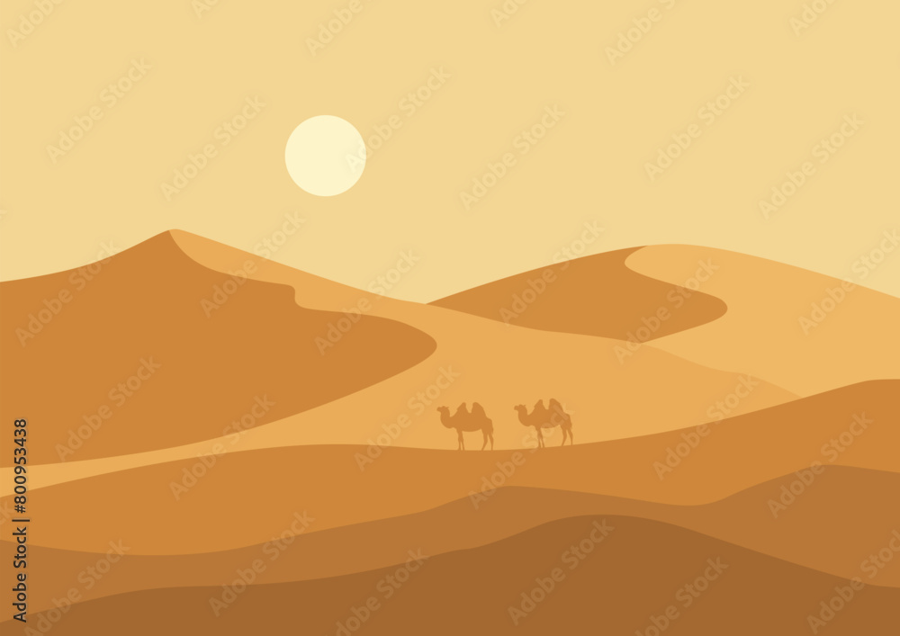 Panorama of desert and camels. Vector illustration in flat style.