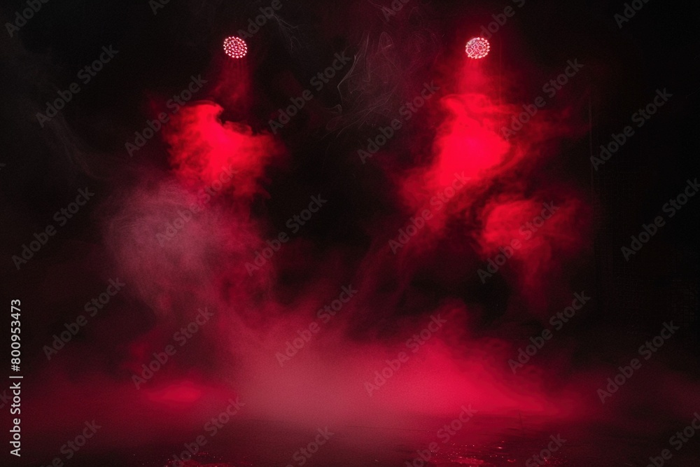 Fototapeta premium Blackstage Mystery: Red Spotlights Pierce Smoke-Filled Darkness