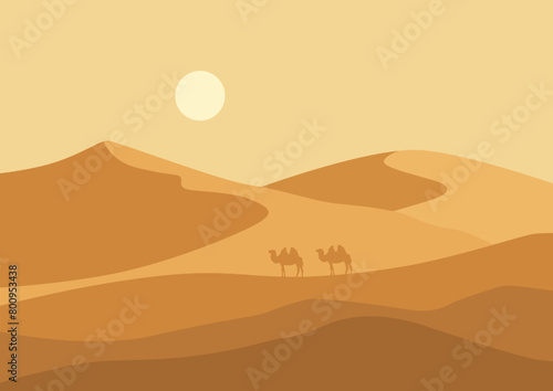 Panorama of desert and camels. Vector illustration in flat style.